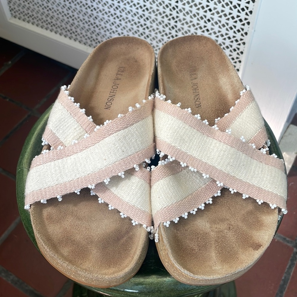 Ulla Johnson pink and cream sandals with white beaded details